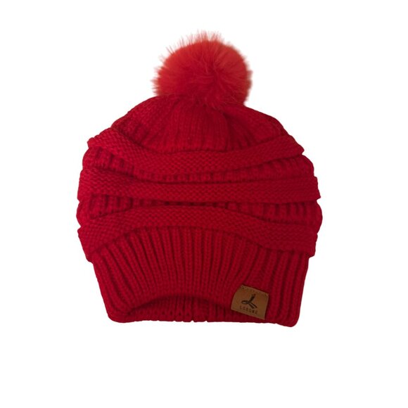 Knitted Red Beanie Hat With Pom Pom For Women By Lorome - Picture 4 of 4